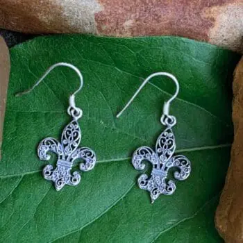 an image of a pair of Fleur de Lis Oxidized Sterling Silver Dangle Earrings that are .70 inches in height