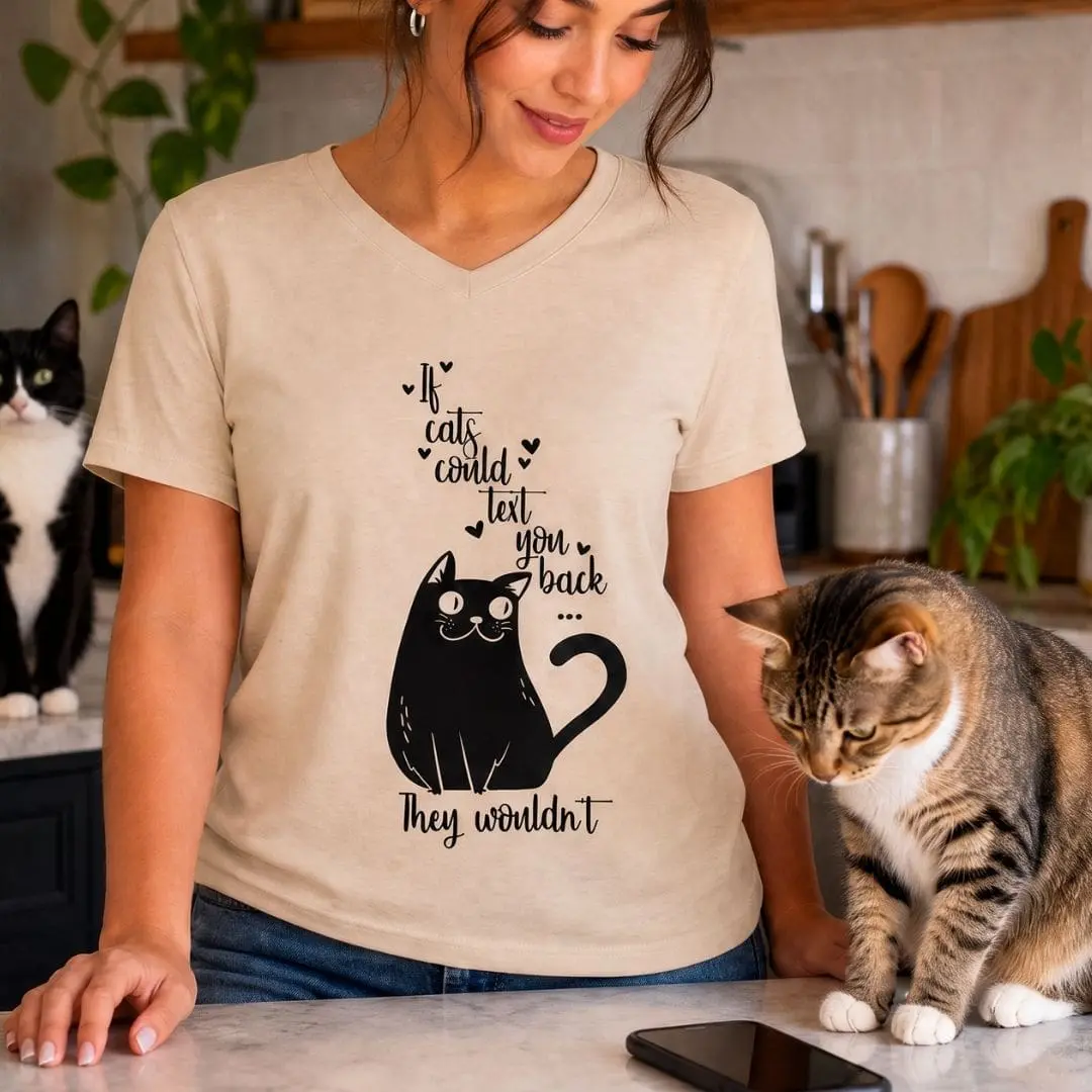 An image of a light tan T shirt on model with two cats. Shirts has V neck that has a black silhouette of a cat that says If cats could text you back, they wouldn't