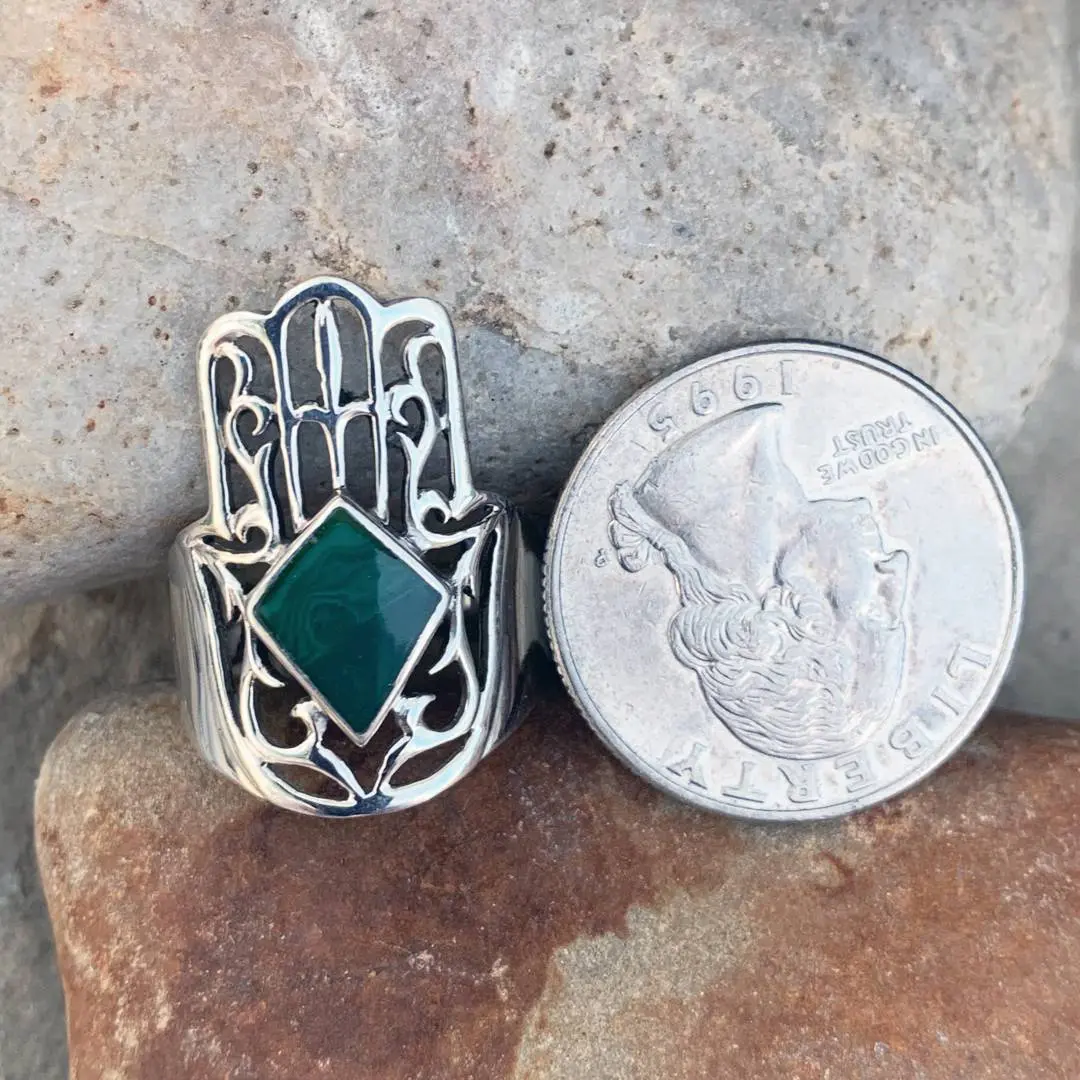 Sterling Hamsa Malachite Ring