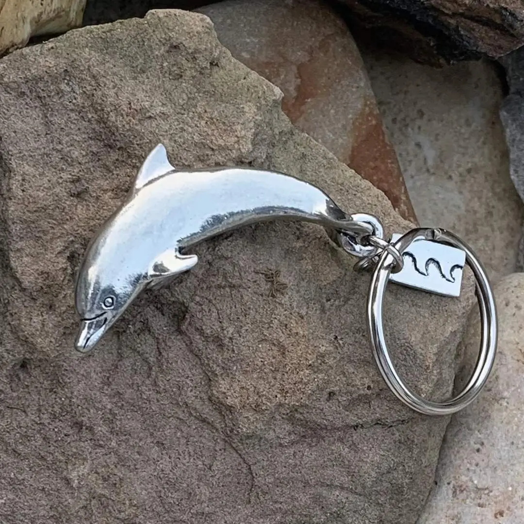 Dolphin Wave Pewter Keychain