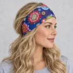 a multi color Flower Power Bandana Headwrap on an AI generated model