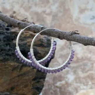 Amethyst Beaded Sterling Hoops