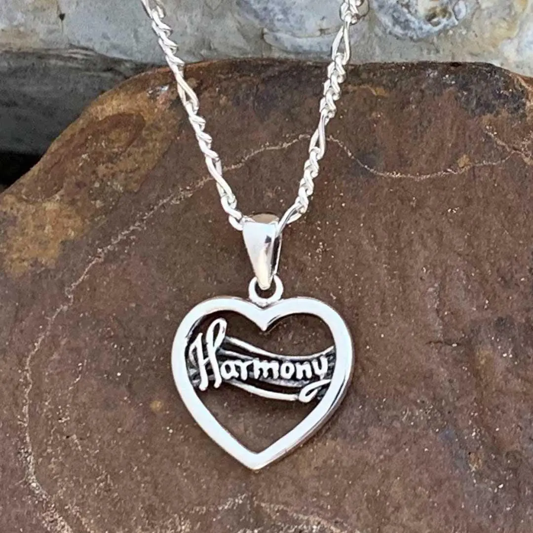 Sterling Silver Open Heart Pendant with word Harmony Across Center