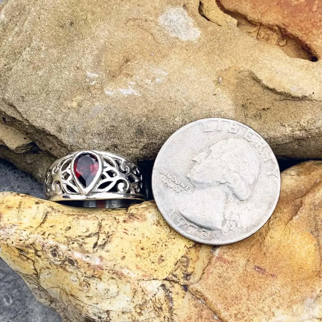 Sterling Silver Filigree Ring with Teardrop Garnet