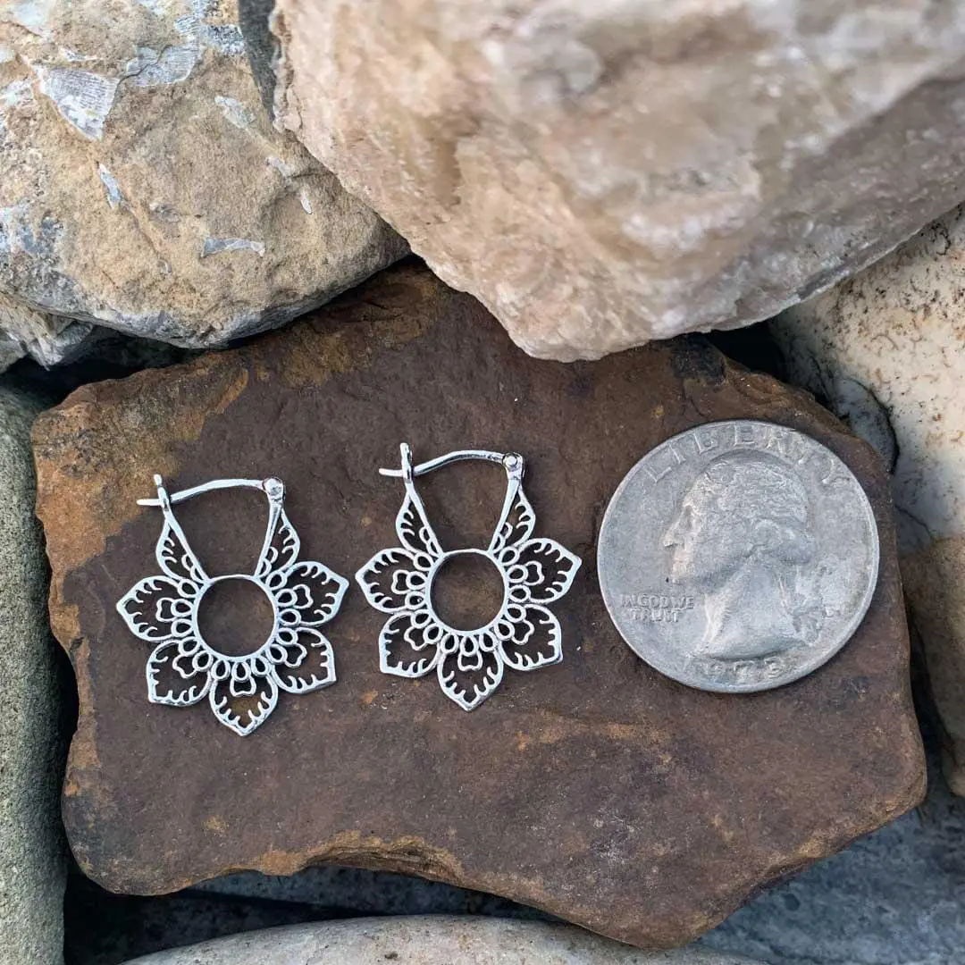 Lacy Lotus Sterling Silver Click Hoop Earrings.