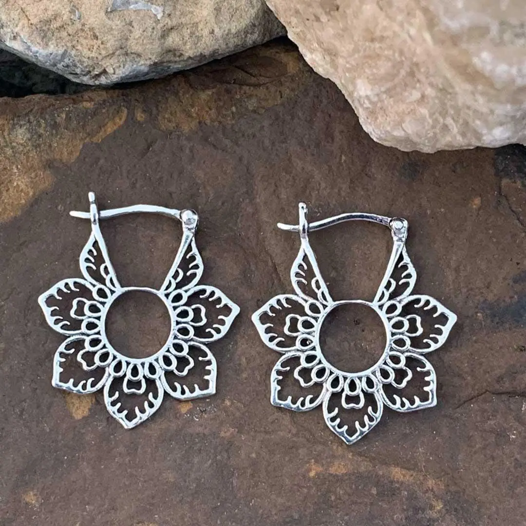 Lacy Lotus Sterling Silver Click Hoop Earrings.