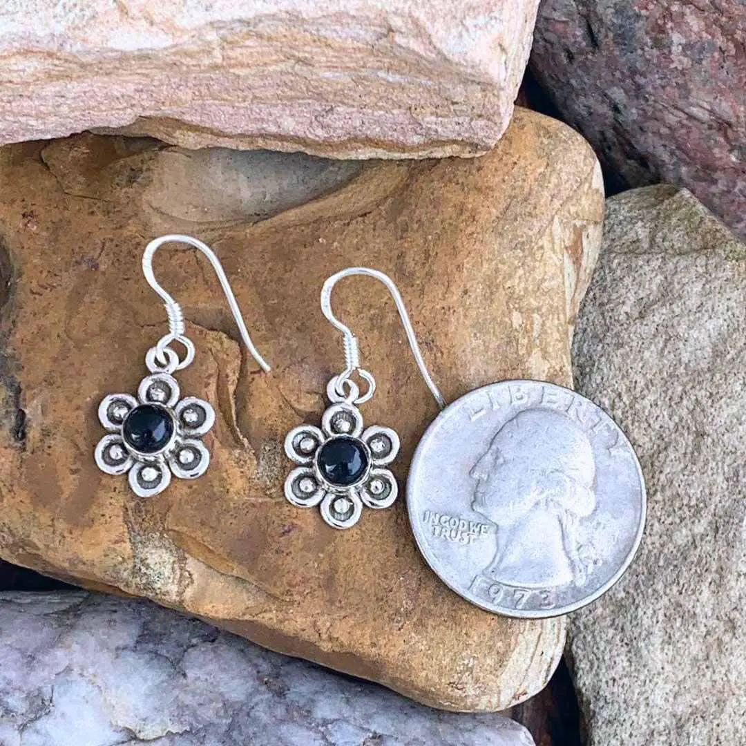 Black Onyx and Sterling Silver Flower Earrings - Image 2