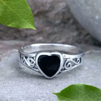 Black Agate and Sterling Silver Filigree Heart Ring