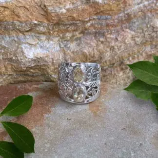 Wide Double Citrine Leafy Ring in filigree sterling silver