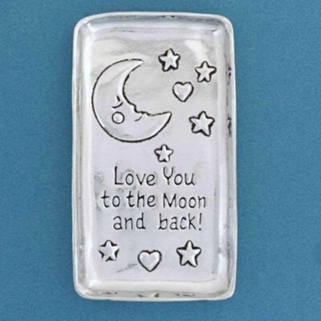 an image of a small Pewter Rectangle shaped tray with a moon, stars and hearts that says Love You to the Moon and back! perfect for a few rings or pairs of earrings