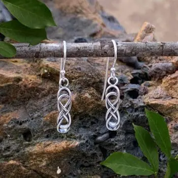 an image of a dainty pair of Sterling Silver Double Infinity Celtic Knot Dangle Earrings that are .566 inches in height.