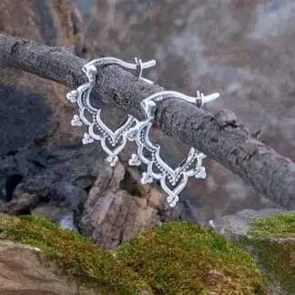 Lacy Sterling Silver Clip Hoop Earrings in a Vee shape with a scalloped filigree pattern and sets of sterling beads all the way down the Vee to the tip which reminds us of a lace pattern