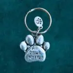 A pewter Keychain that is a paw that says All Paws Matter
