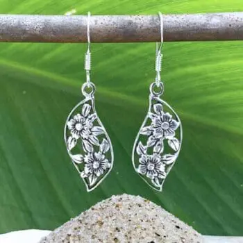 an image of a pair of Sterling Silver Floral Dangle Earrings with two flowers on each earring