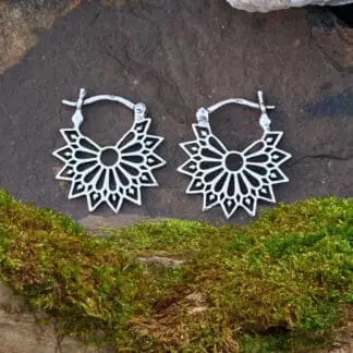 an image of a pair of Geometric Floral Sterling Hoop Earrings