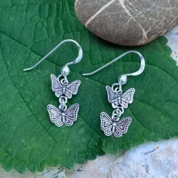 an image of a lightweight pair of Oxidized Sterling Silver Double Butterfly Dangle Earrings
