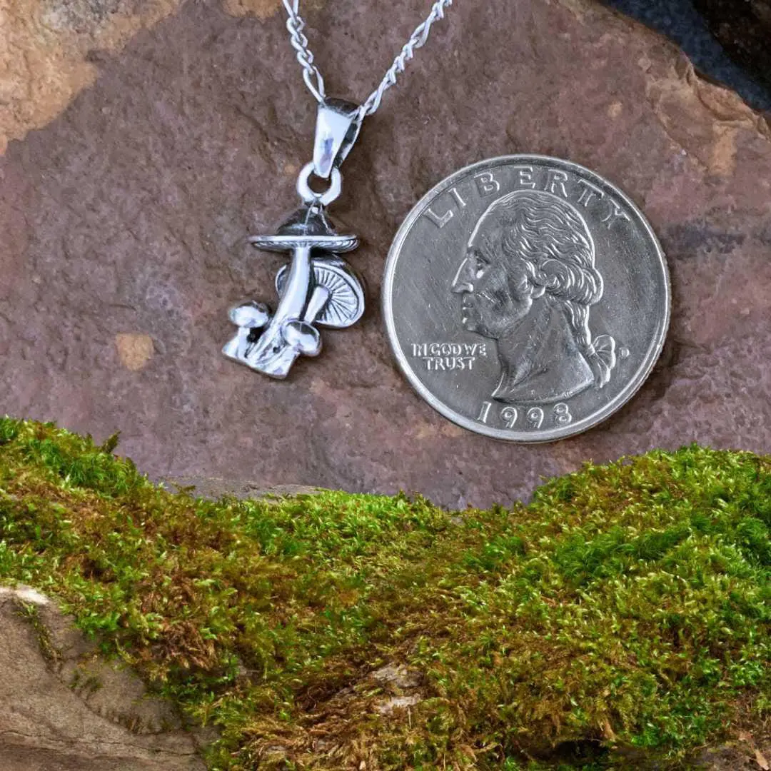 an image of a Sterling Silver Mushroom Cluster Pendant next to a quarter