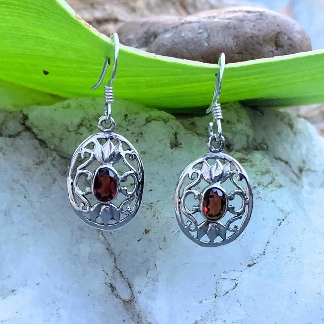 an image of a pair of Oval Filigree Garnet and Sterling Silver Earrings