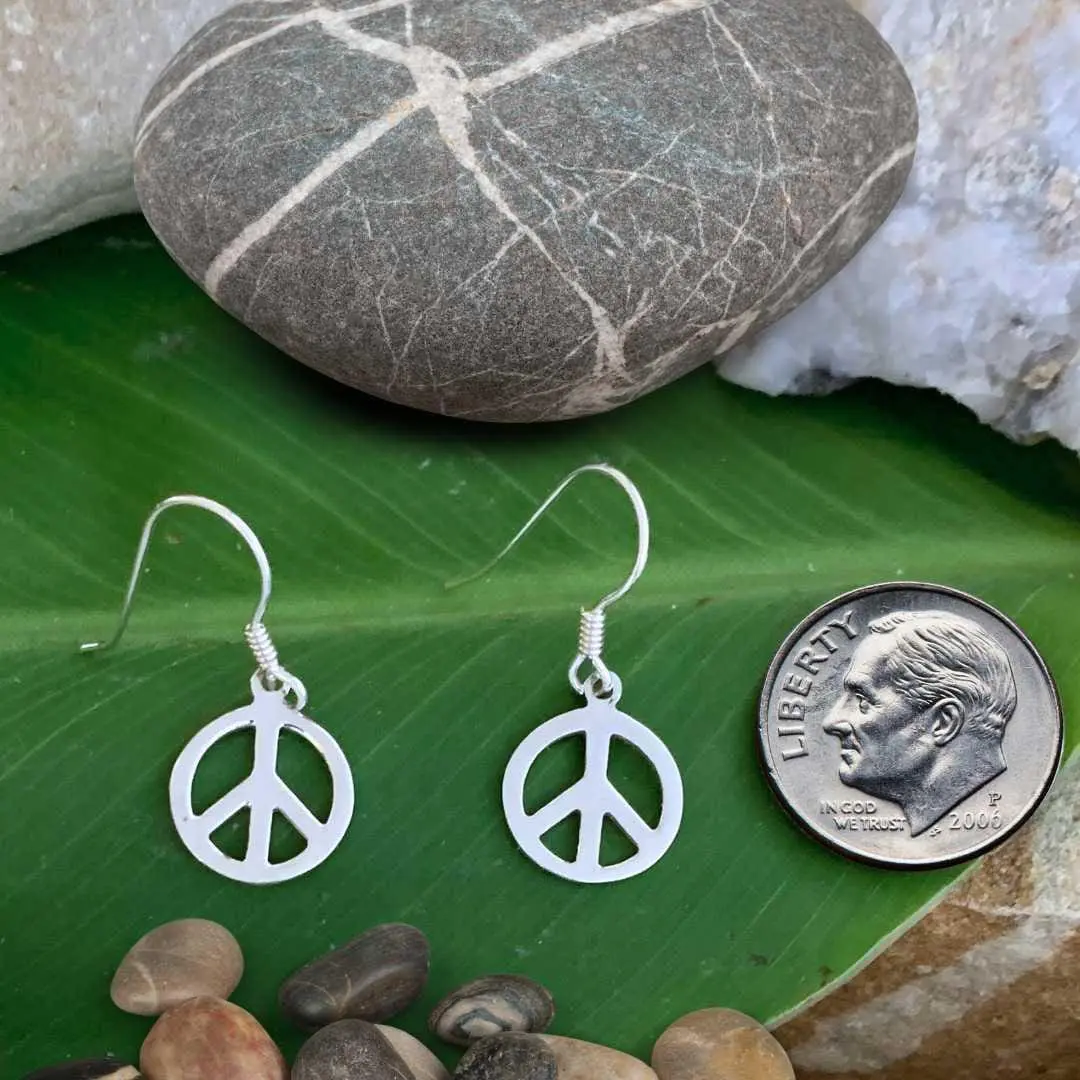 an image of a pair of Sterling Silver Peace Sign Earrings next to a dime