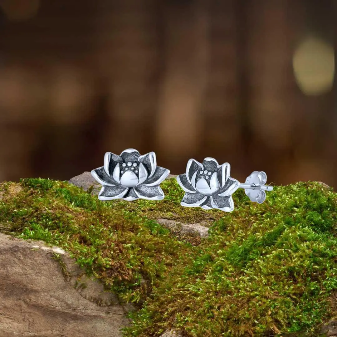 Sterling Silver Blooming Lotus Stud Earrings