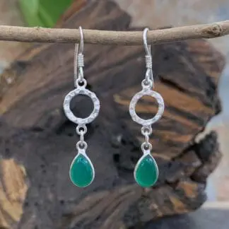 an image of a pair of Hammered Sterling Circle with Green Onyx Teardrop Earrings