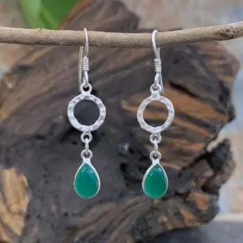 an image of a pair of Hammered Sterling Circle with Green Onyx Teardrop Earrings