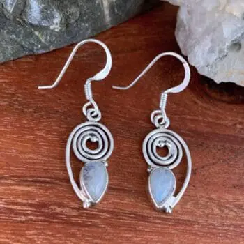 an image of a pair of Teardrop Rainbow Moonstone and Spiral Sterling Silver Earrings