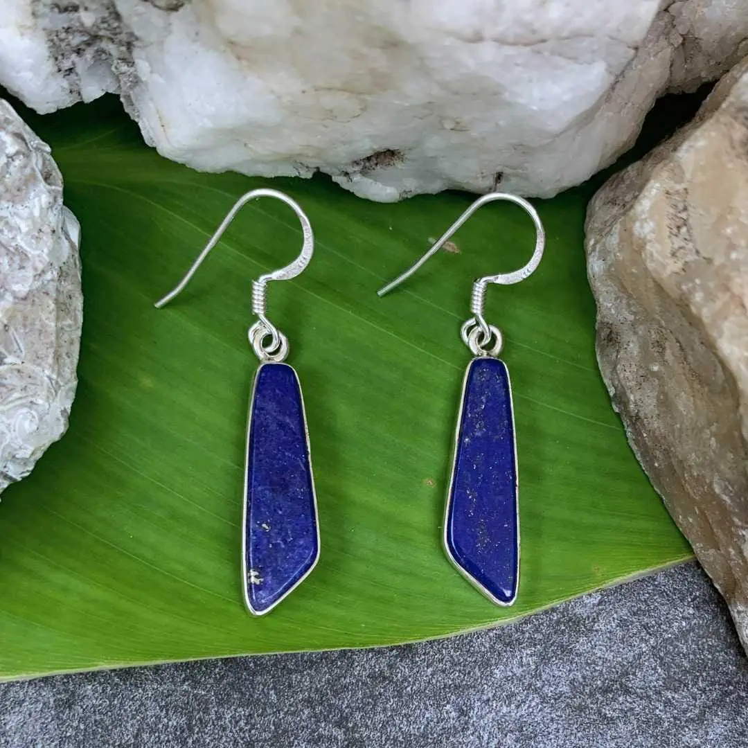 an image of a Contemporary Lapis Lazuli and Sterling Silver Dangle Earrings with an angled cut at the bottom