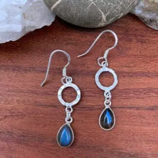 an image of a pair of Hammered Sterling Circle with Labradorite Teardrop Dangle Earrings. Total Drop: 1.69 inches x Width: .354 inches