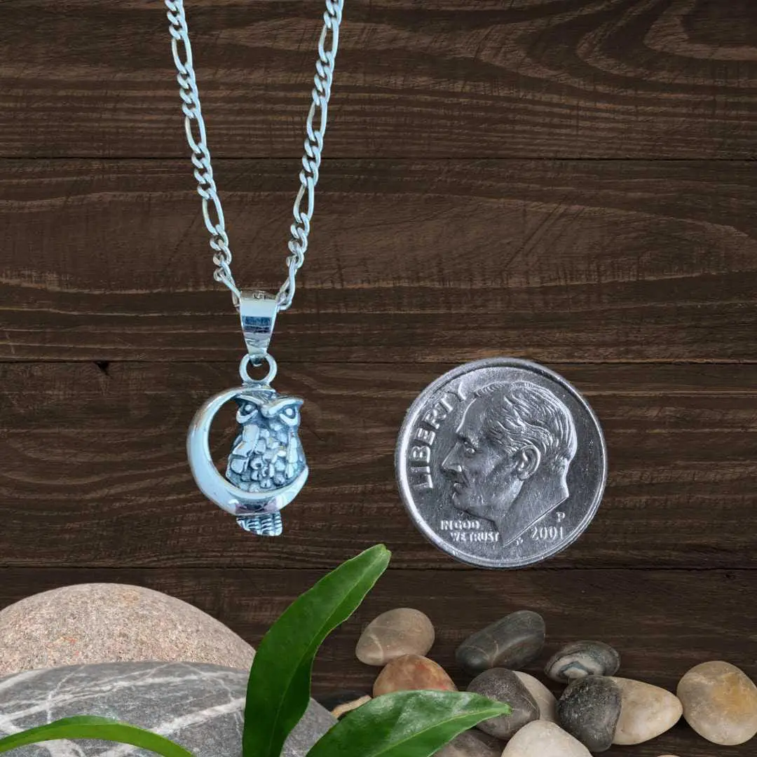 an image of a Petite Sterling Silver Owl in Moon Pendant next to a dime