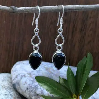 an image of a pair of Twisted Sterling Silver and Teardrop Black Onyx Earrings