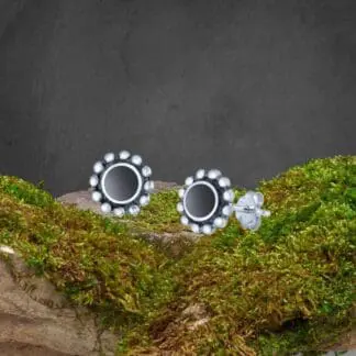 an image of a pair of Black Agate Round Sterling Silver Stud Earrings with a sterling silver beaded border