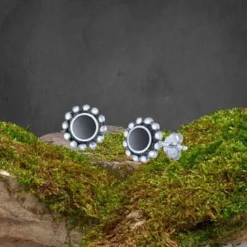 an image of a pair of Black Agate Round Sterling Silver Stud Earrings with a sterling silver beaded border