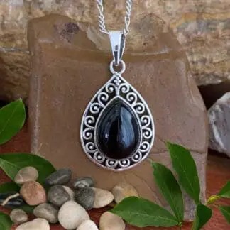 an image of a Teardrop Black Onyx Filigree Sterling Silver Pendant