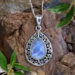 an image of a Teardrop Rainbow Moonstone Filigree Sterling Silver Pendant