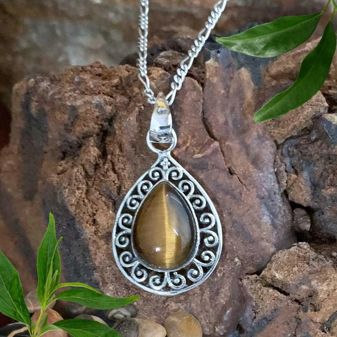 An image of a Teardrop Tiger's Eye Filigree Sterling Silver Pendant