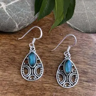an image of a pair of Oval Filigree Sterling Silver with Marquise Labradorite Earrings