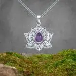 an image of a Teardrop Amethyst Filigree Sterling Silver Lotus Pendant