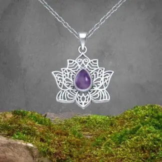 an image of a Teardrop Amethyst Filigree Sterling Silver Lotus Pendant