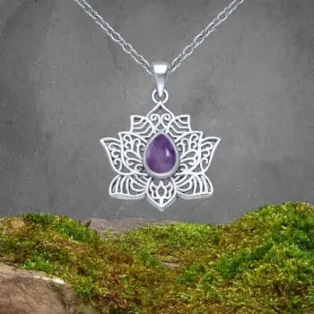 an image of a Teardrop Amethyst Filigree Sterling Silver Lotus Pendant