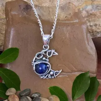 an image of a Dainty Sterling Silver Moon with Lapis Lazuli Pendant
