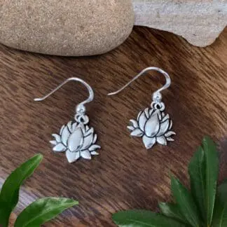 an image of a pair of Full blooming Sterling Silver Lotus Dangle Earrings
