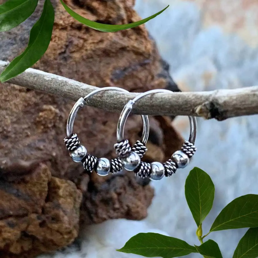 an image of a pair of Mini Three Ball Bali Sterling Silver Hoop Earrings