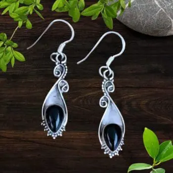 an image of a pair of Elegant Sterling Silver Teardrop Black Onyx Dangle Earrings