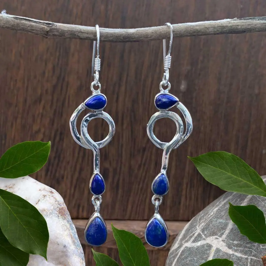 an image of a pair of dangling Triple Teardrop Lapis Lazuli and Sterling Silver Earrings