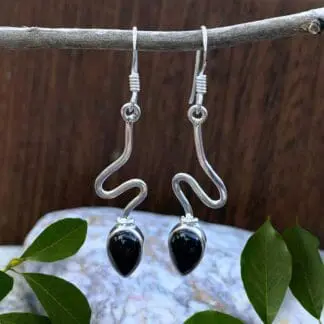 an image of a pair of Contemporary Sterling Silver and Black Onxy Teardrop Earrings