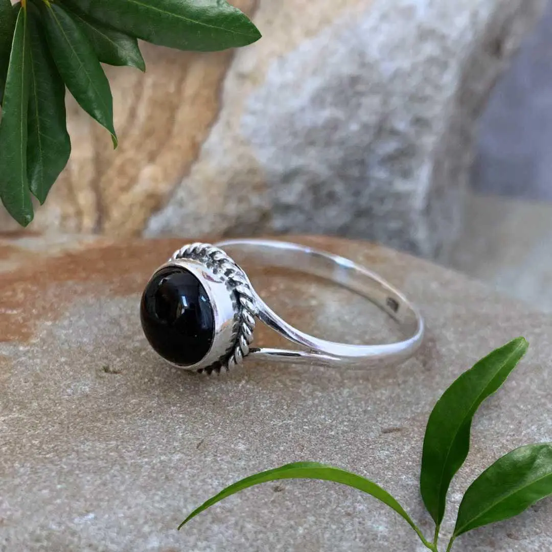 an image of a Round Black Onyx and Sterling Silver Ring side view