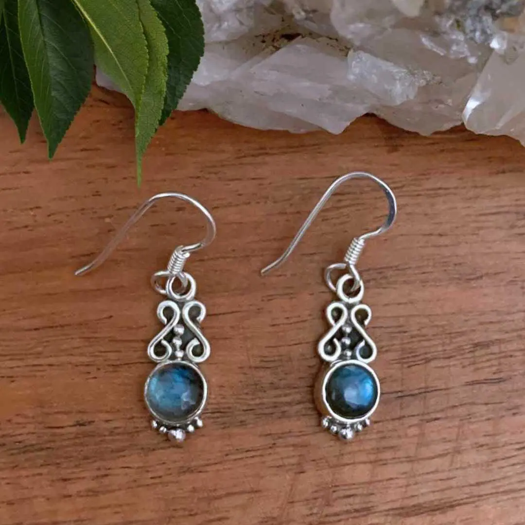 an image of a pair of Dainty Round Labradorite and Sterling Silver Earrings
