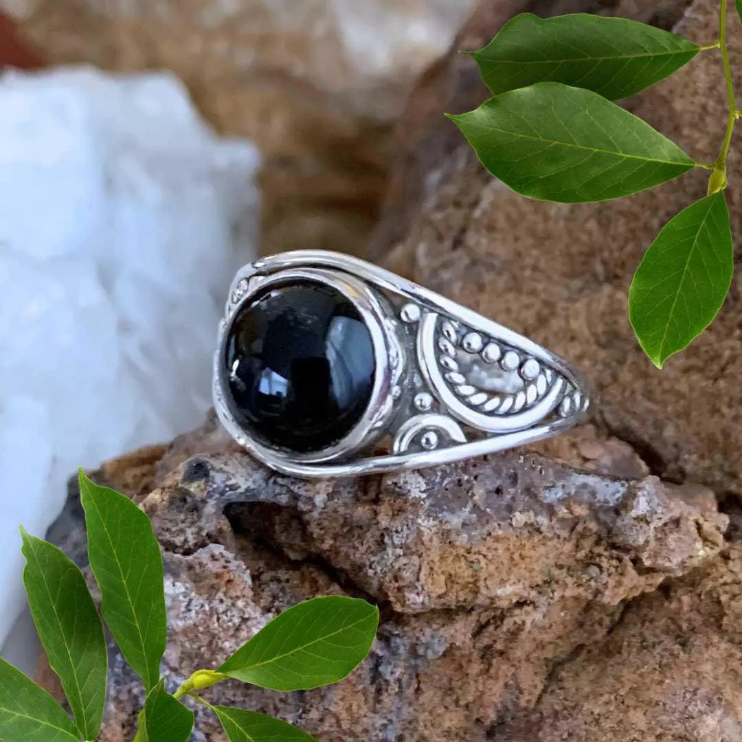 an image of a Round Black Onyx Filigree Sterling Silver Ring