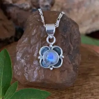 An image of a Dainty Rainbow Moonstone Sterling Silver Floral Pendant